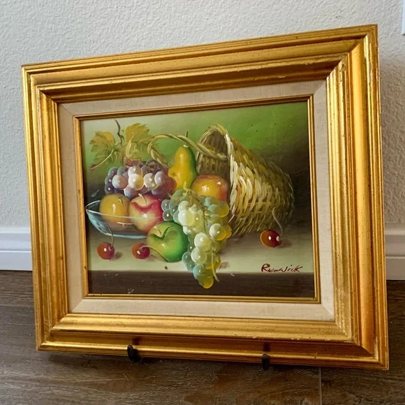 Vintage Basket Apples And Grapes Oil Signed Renwick 13/15”